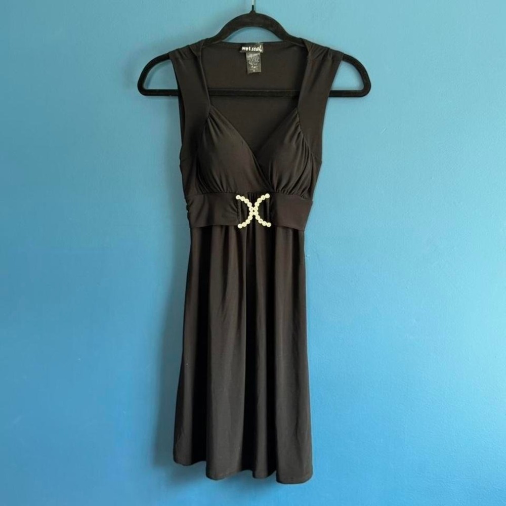 Y2K Black Mini Dress Women's Size Medium Wet Seal Stretch Rhinestone Club LBD